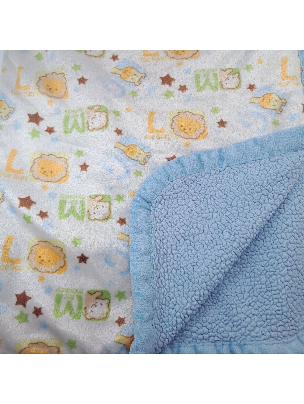 NUBY baby blanket Safari Animals Letters lion monkey Sherpa Blue Security lovey